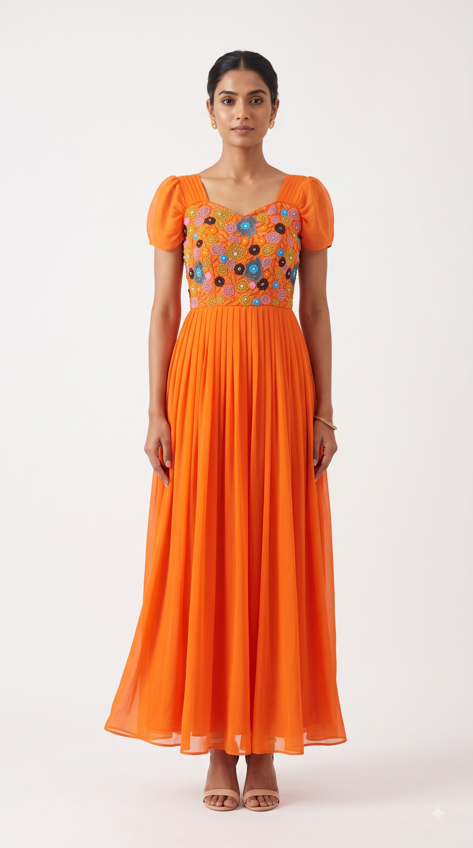 Orange Beaded Yoke Pleated Dress