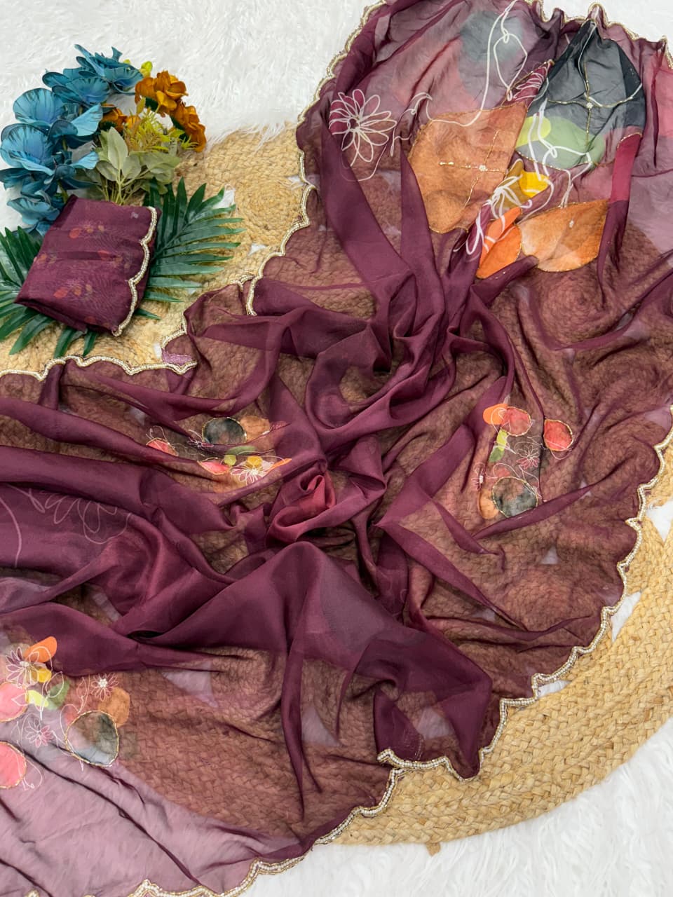 Tabby Silk Floral Saree With Moti Border
