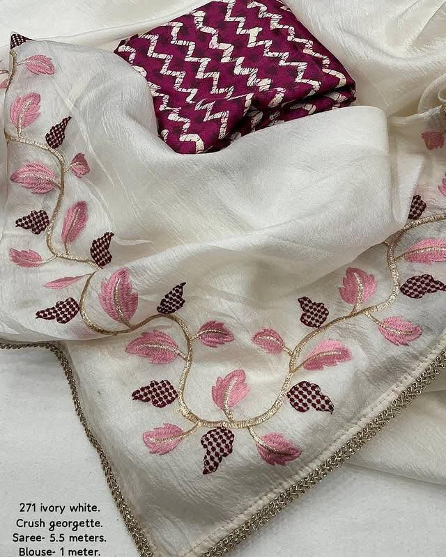 Ivory Georgette Saree With Embroidered Border — photo 2