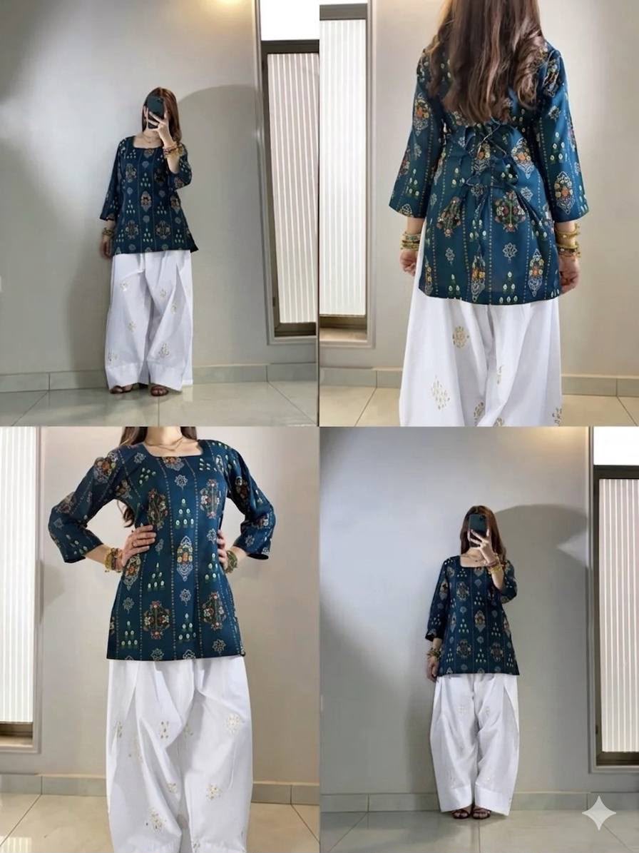Teal Printed Kurti with White Plazzo Set — photo 2