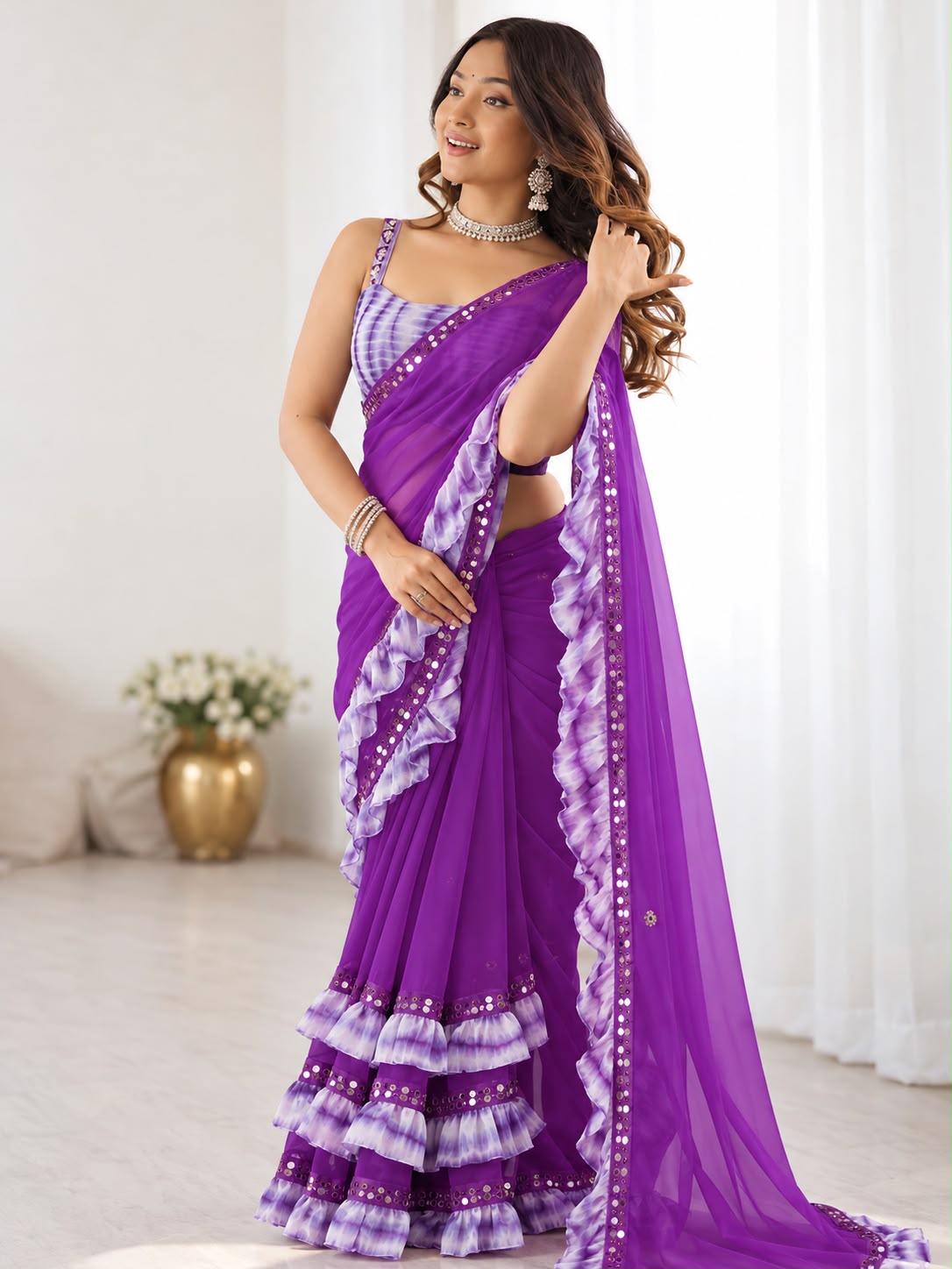 Heavy Georgette Ruffle Saree With Mirror Work — photo 5
