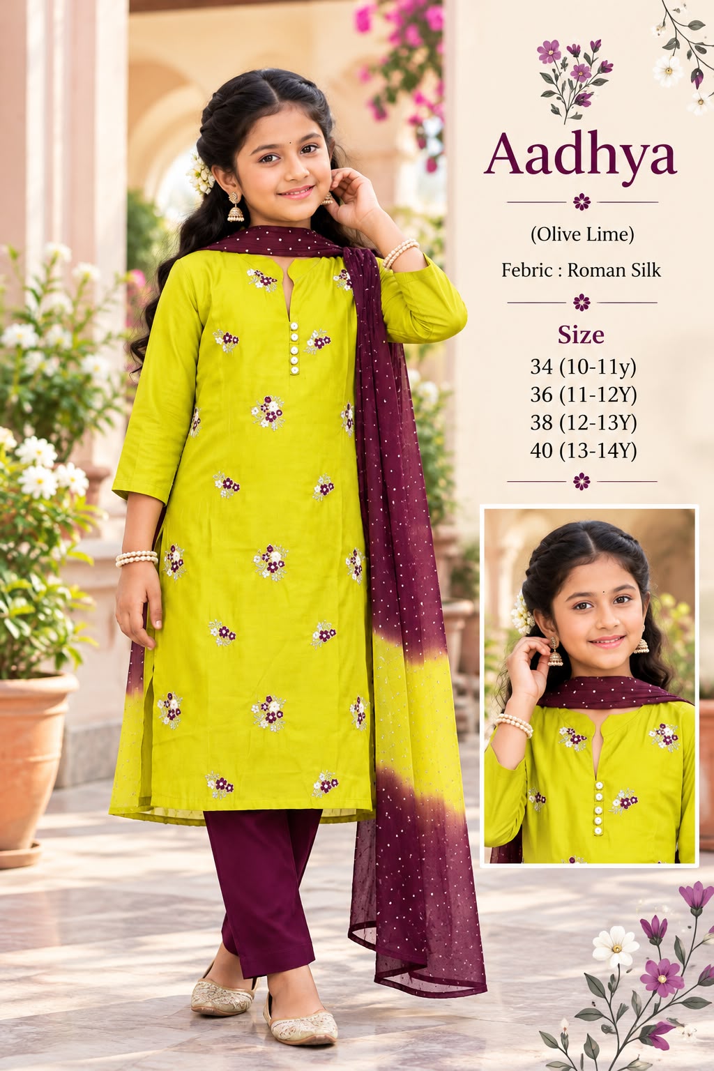 Kids Floral Embroidered Vichitra Silk Maxi Dress — photo 7