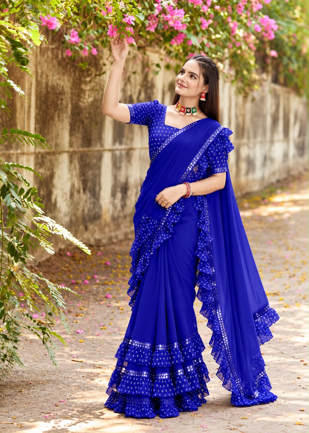 Heavy Georgette Ruffle Saree With Mirror Work — photo 3