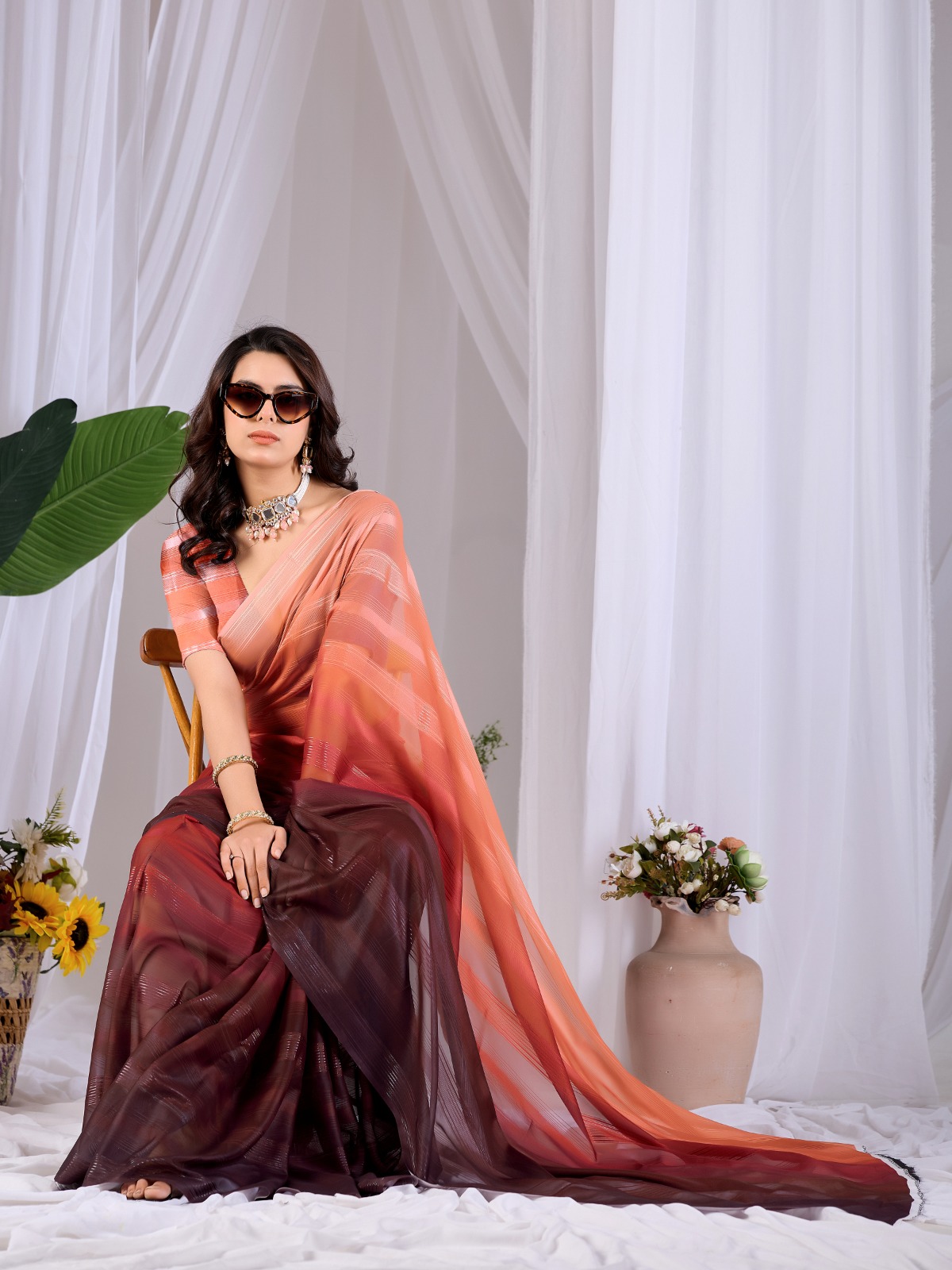 Monsoon Ombré Peach Wine Saree — photo 4