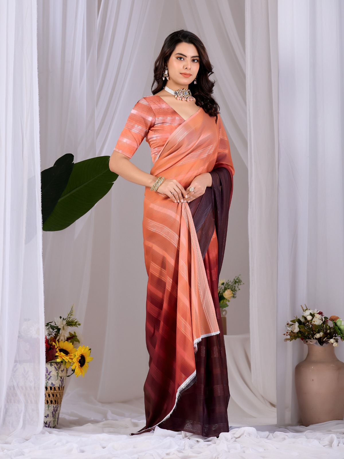 Monsoon Ombré Peach Wine Saree — photo 2