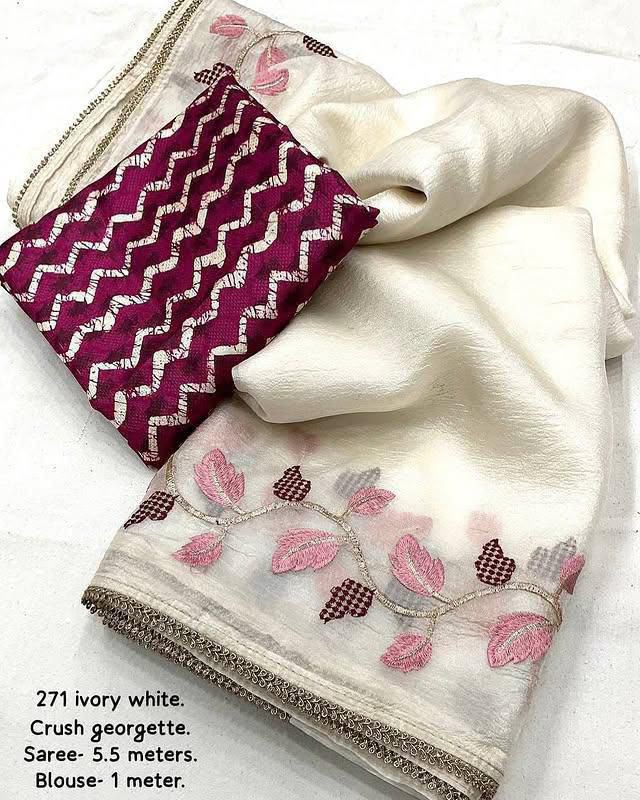 Ivory Georgette Saree With Embroidered Border — photo 4