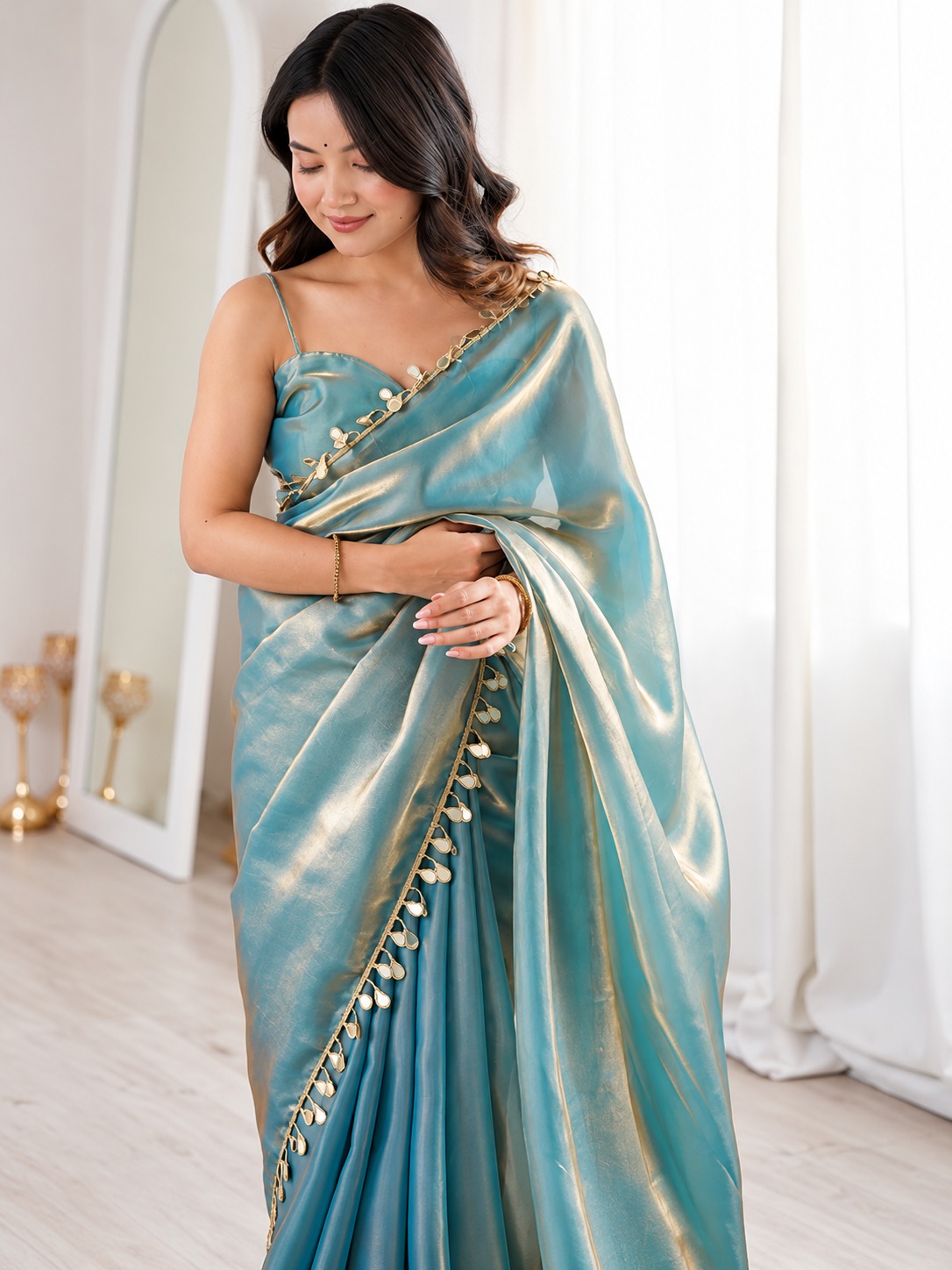 Fendy Satin Saree with Golden Tassel Border — photo 10