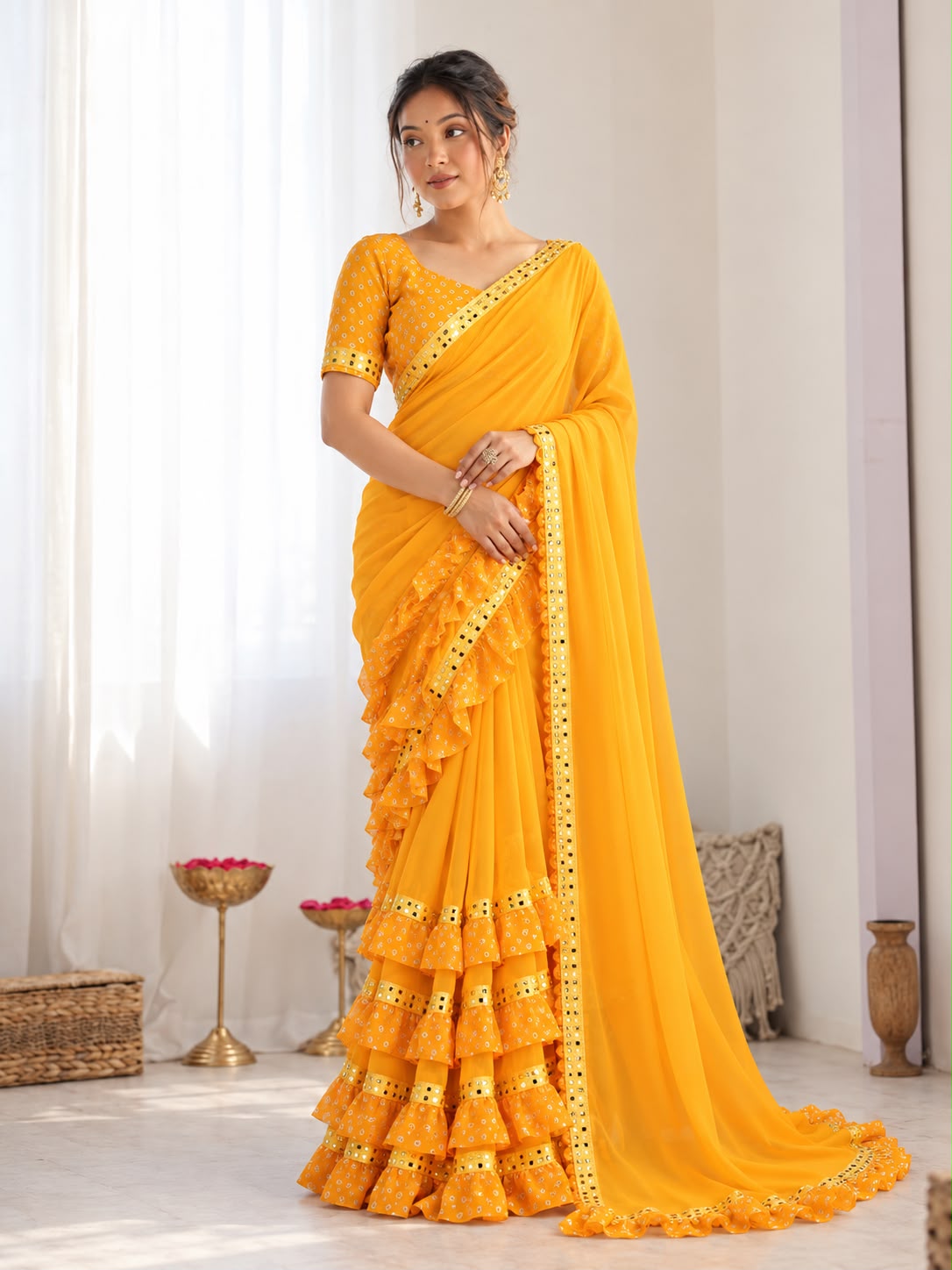 Heavy Georgette Ruffle Saree With Mirror Work — photo 4