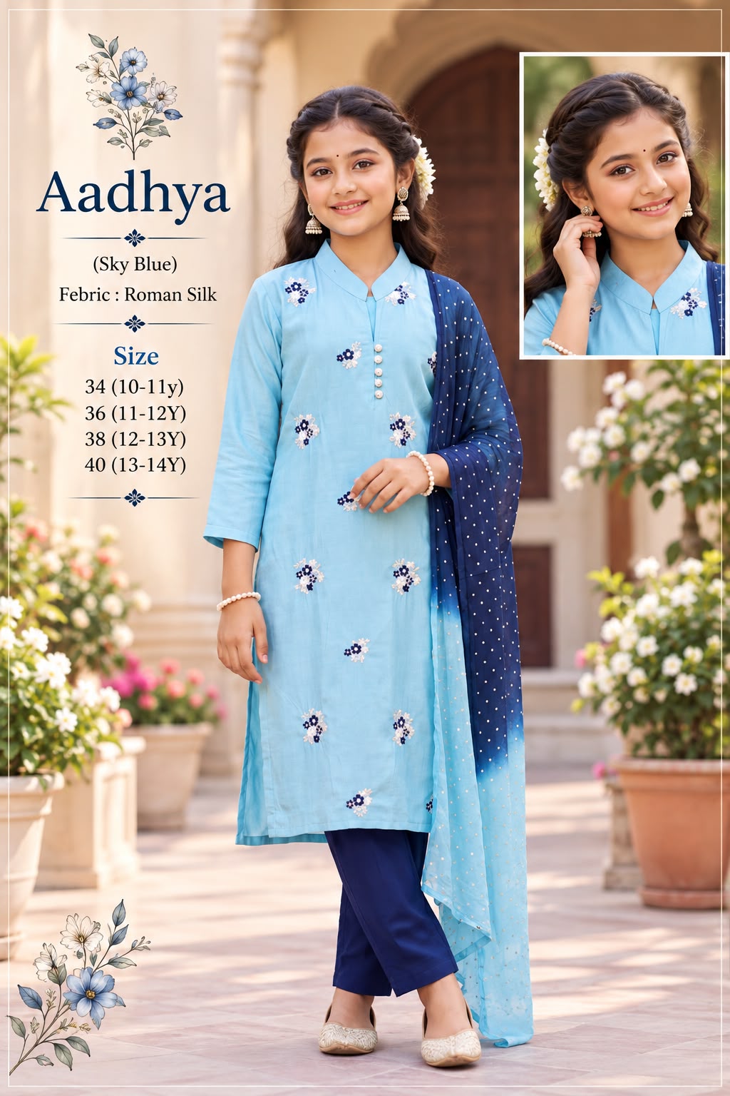 Kids Floral Embroidered Vichitra Silk Maxi Dress — photo 2