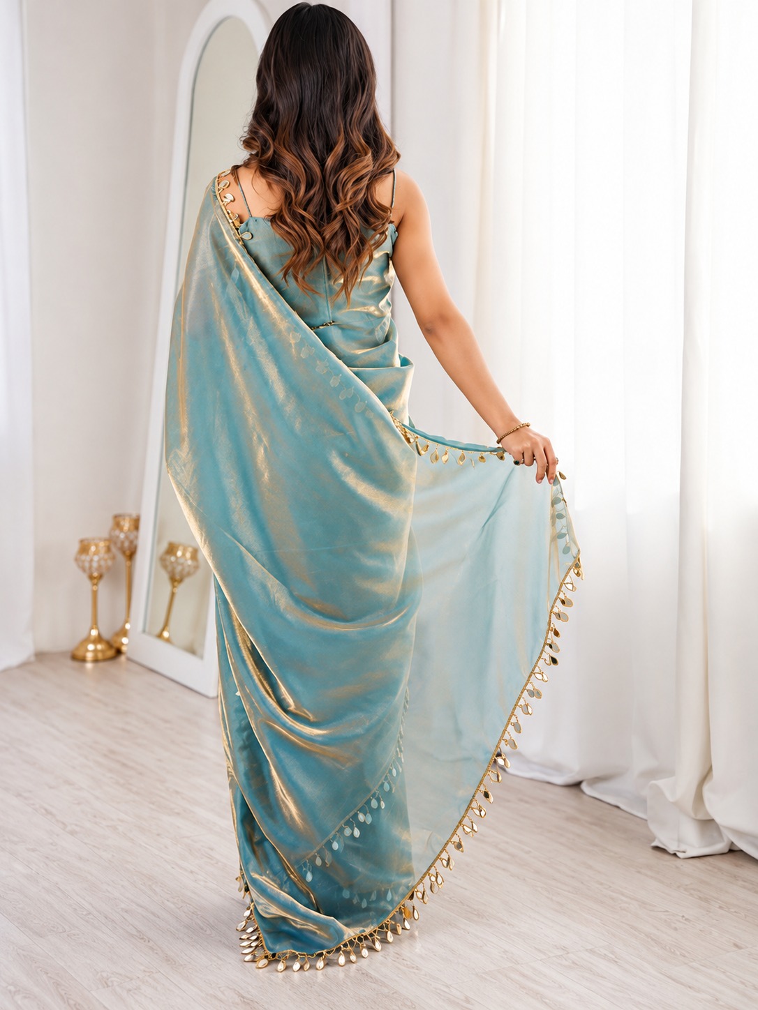 Fendy Satin Saree with Golden Tassel Border — photo 9