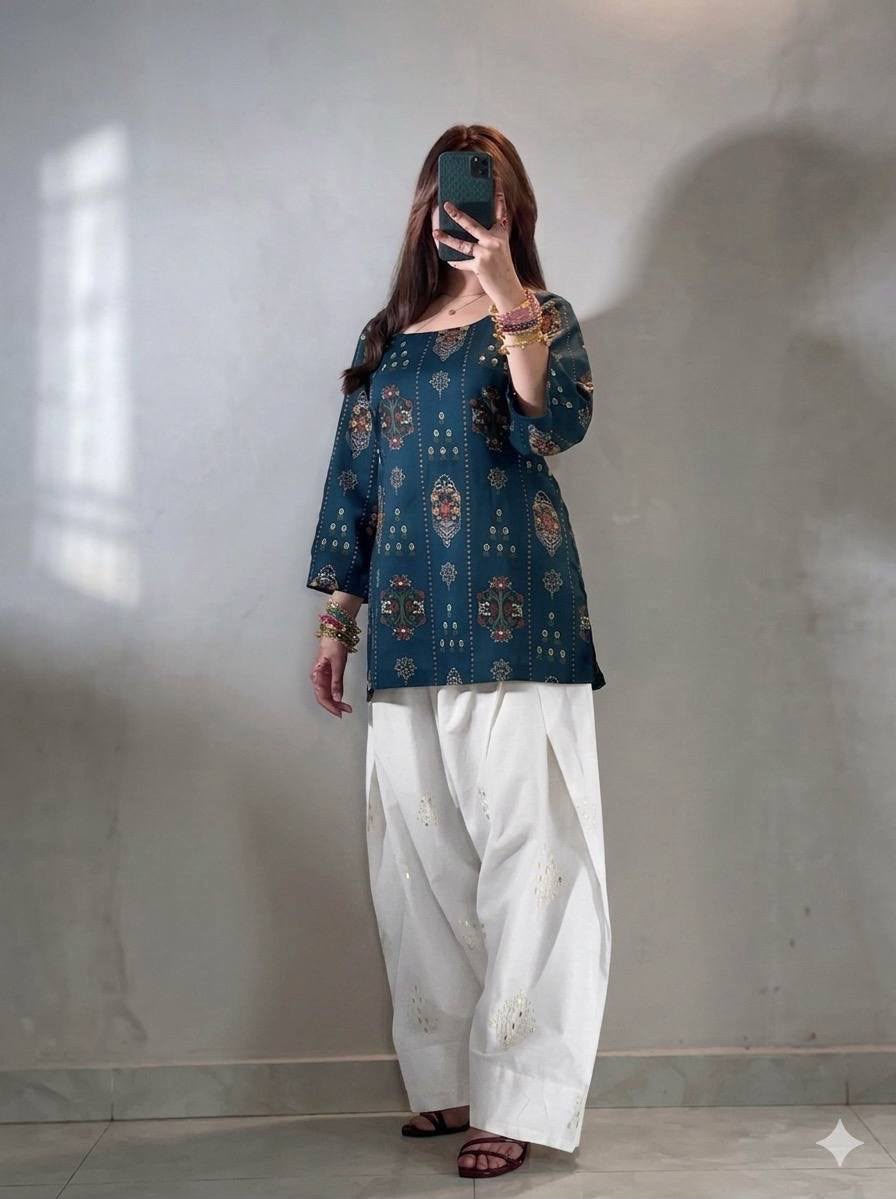 Teal Printed Kurti with White Plazzo Set
