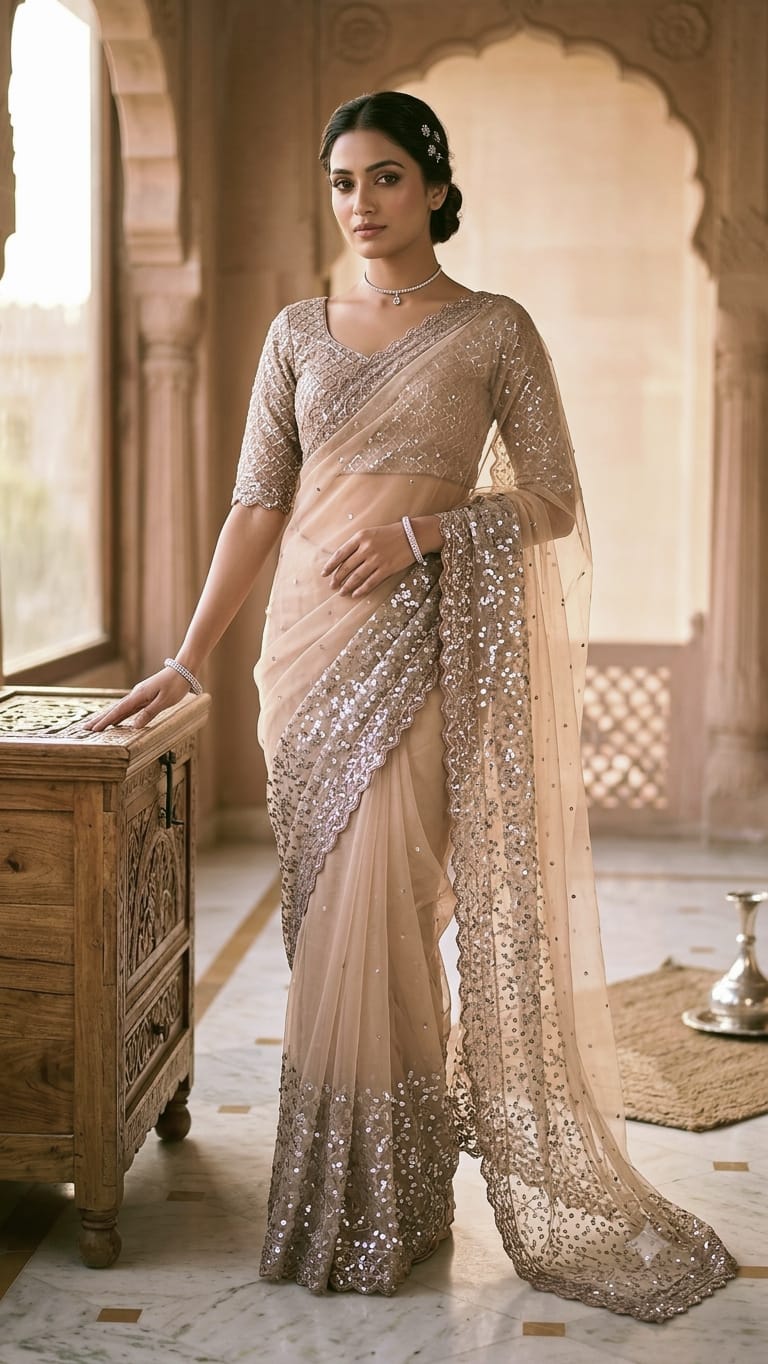 Net Saree with Embroidery & Sequins — photo 2
