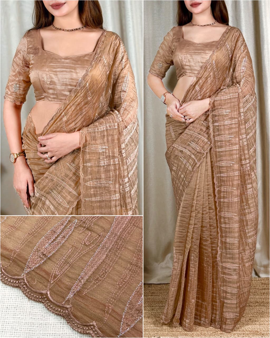 SIARA-Elegant Beige Turkish Embroidered Saree — photo 4