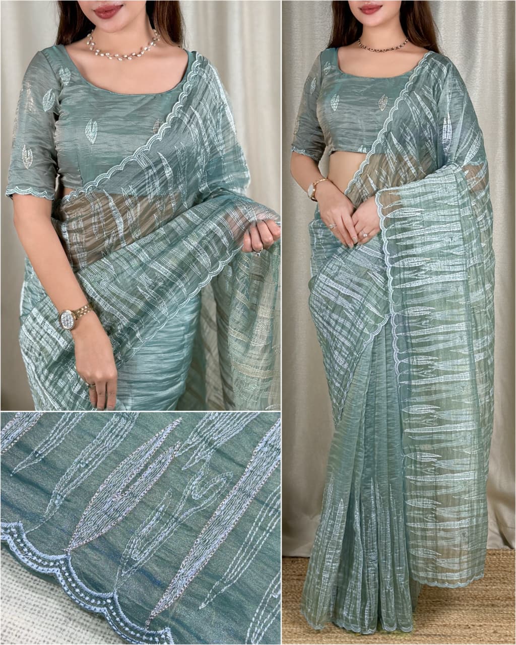SIARA-Elegant Beige Turkish Embroidered Saree — photo 2