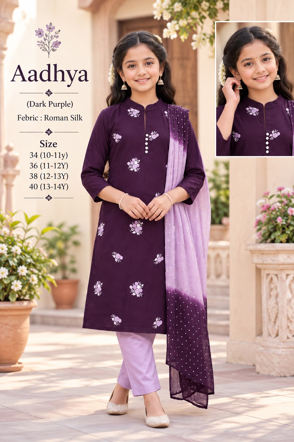 Kids Floral Embroidered Vichitra Silk Maxi Dress — photo 3