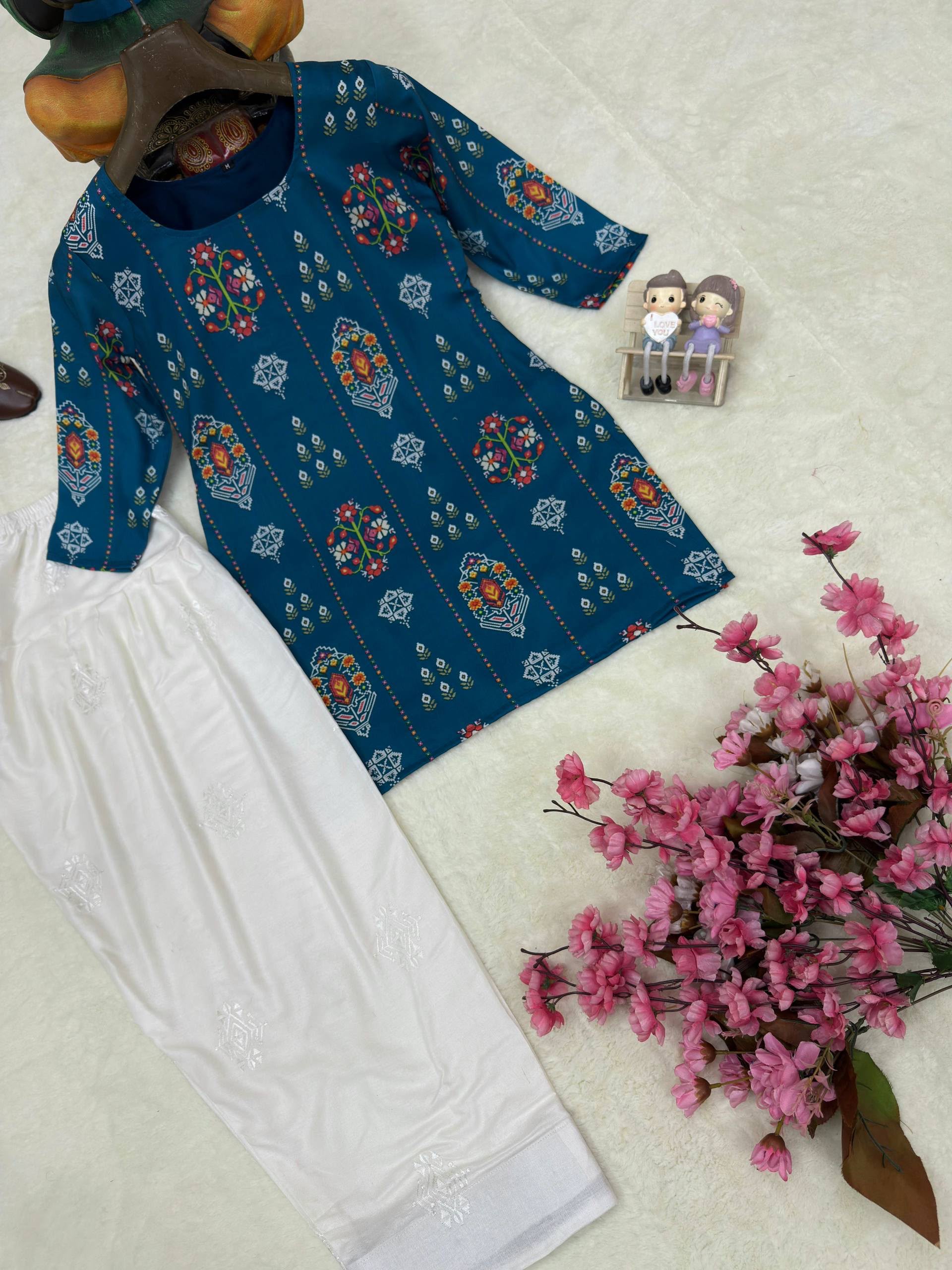 Teal Printed Kurti with White Plazzo Set — photo 3
