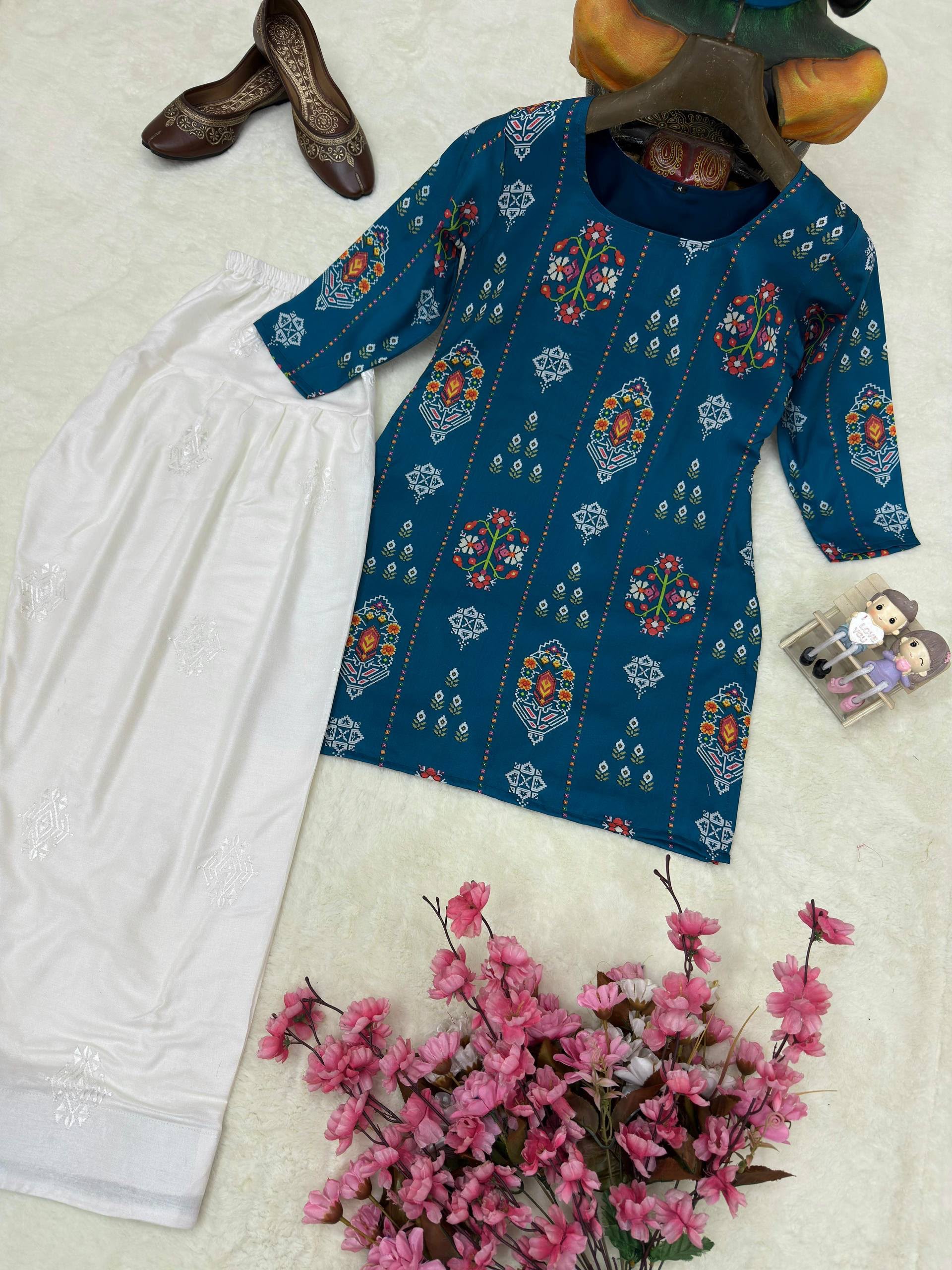 Teal Printed Kurti with White Plazzo Set — photo 4