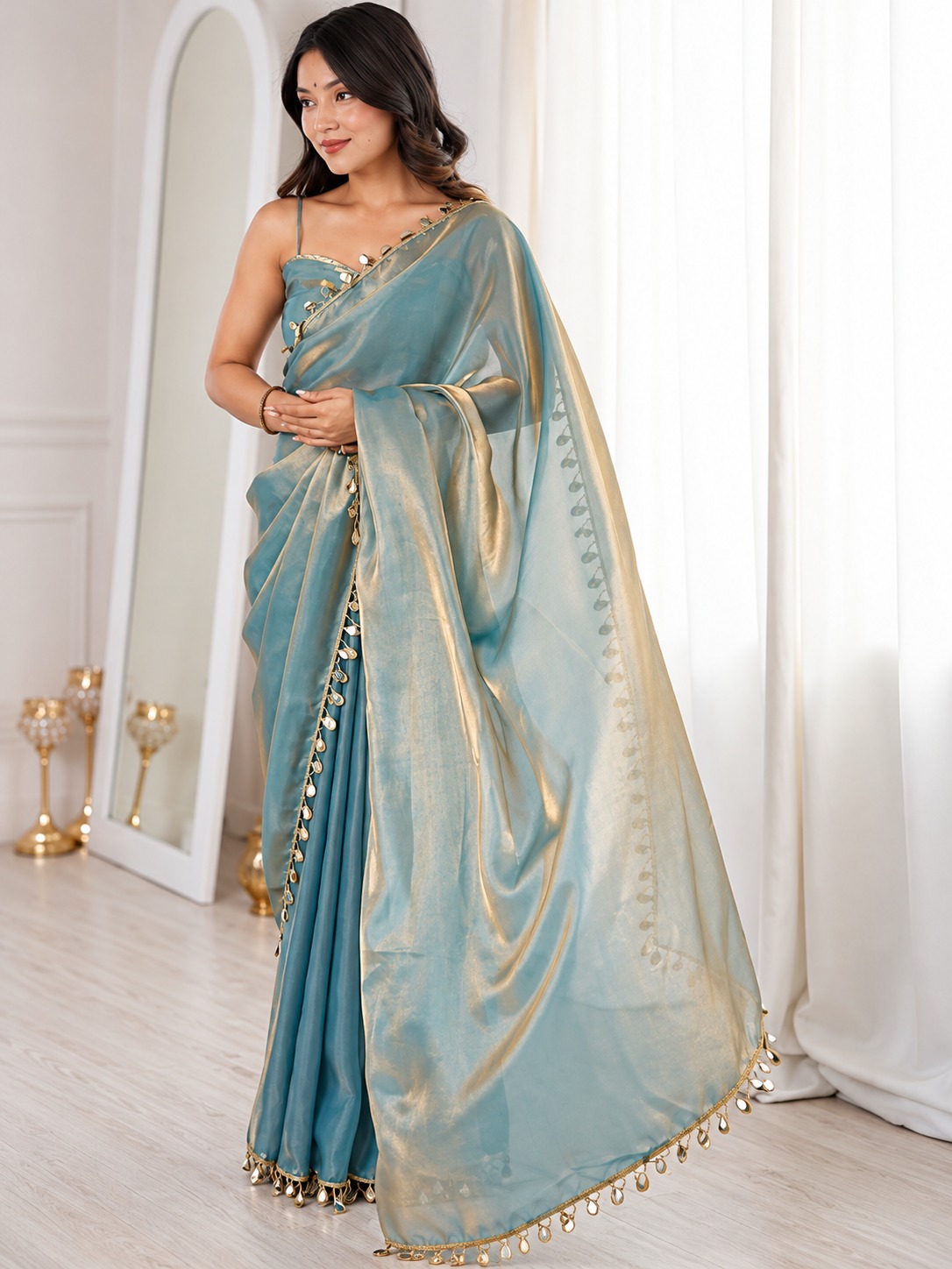 Fendy Satin Saree with Golden Tassel Border — photo 7