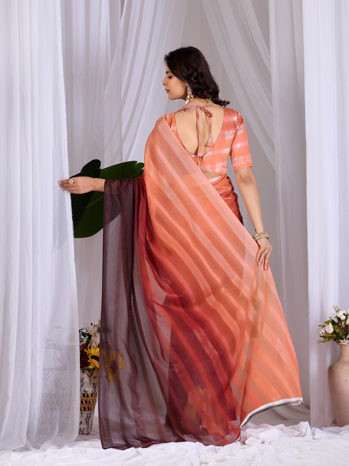 Monsoon Ombré Peach Wine Saree — photo 3