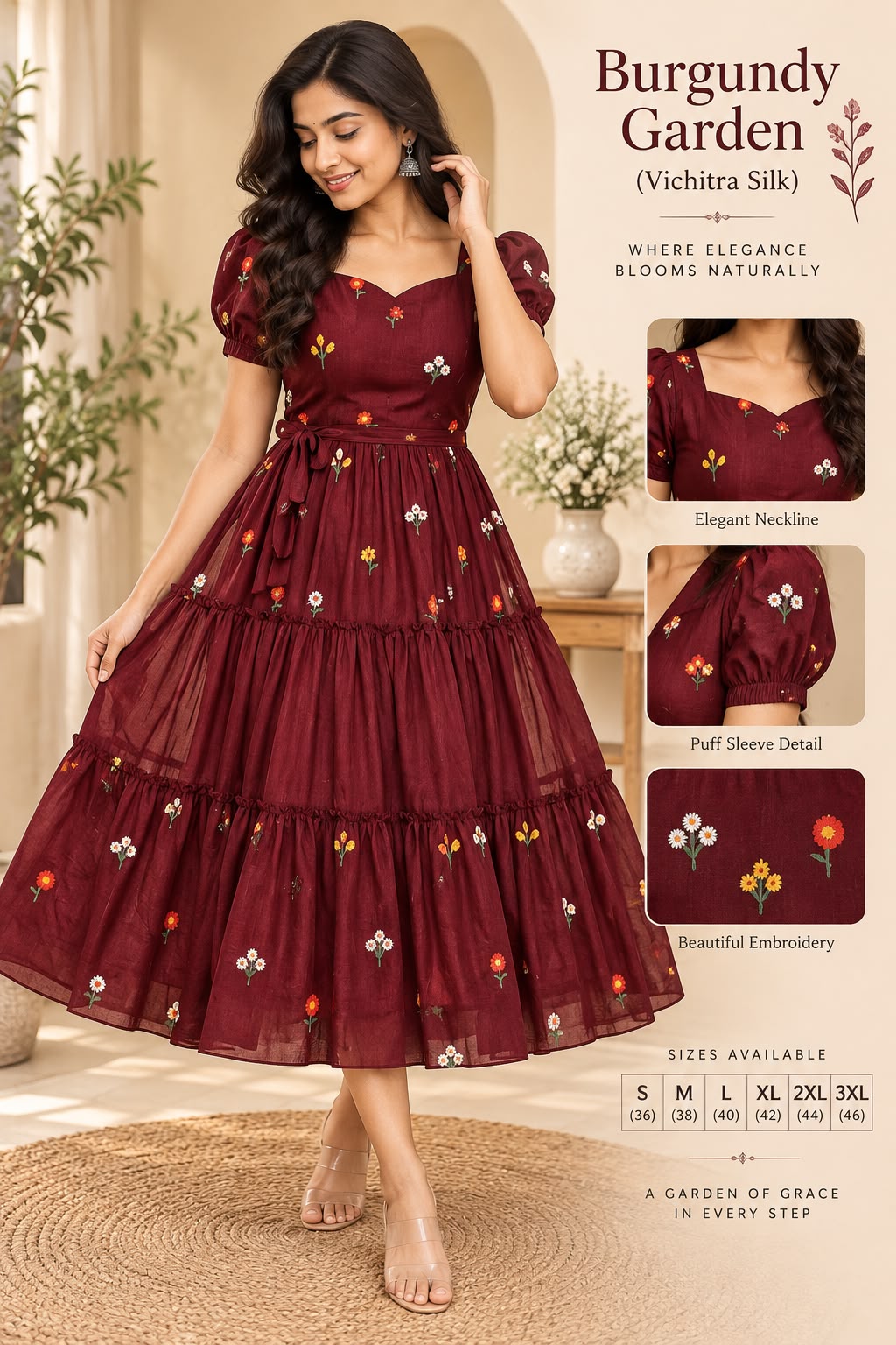 Kids Floral Embroidered Vichitra Silk Maxi Dress — photo 9
